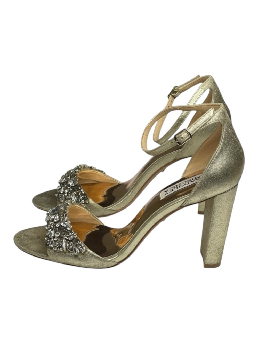 Badgley Mischka ❧ Barby Crystallized Heeled Sandals ❧ Gold Shimmery Leather ❧ 8M - Picture 6 of 16